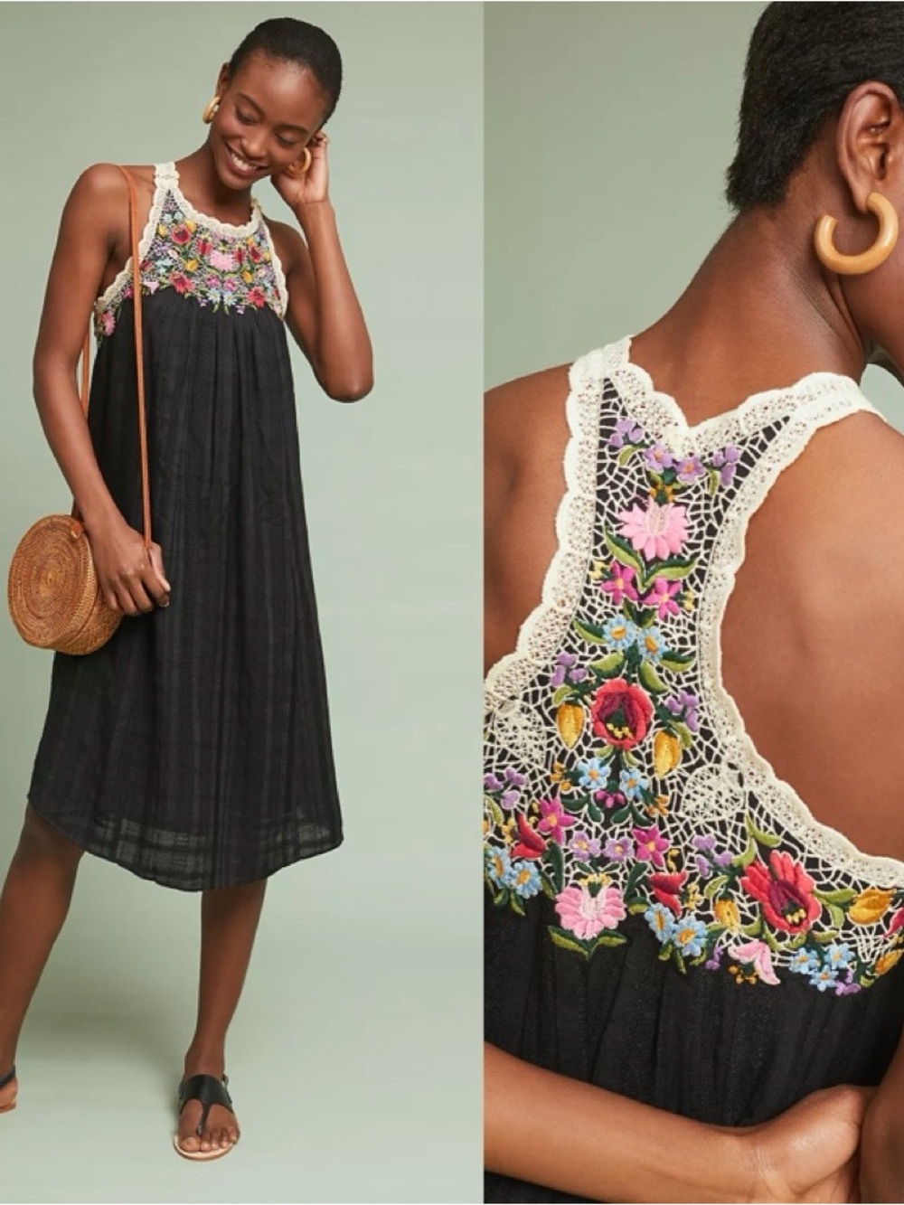 Anthropologie AKEMI + KIN Mosley Floral Embroidered Black Dress Sz XS halter